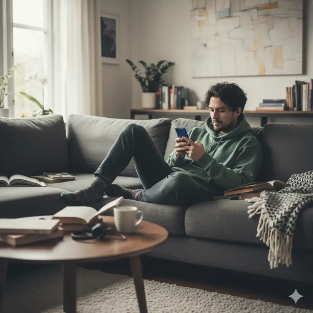 Mand der sidder og kigger på sin mobil