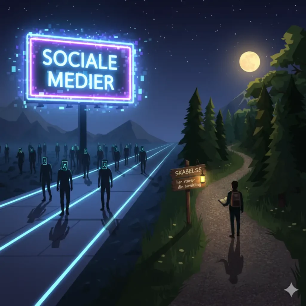 Personer der går på en sti, der deler sig i en med sociale medier og en med skabelse